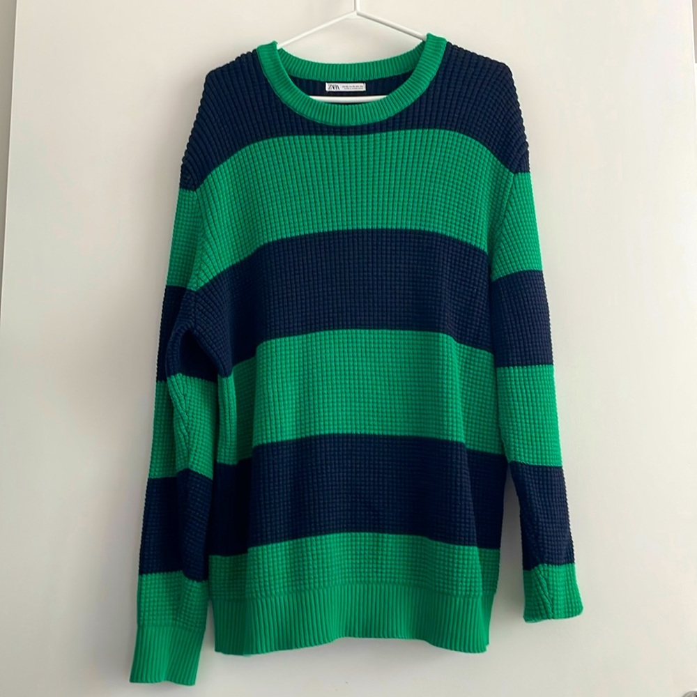 Zara Striped Blue and Green Waffled Sweater